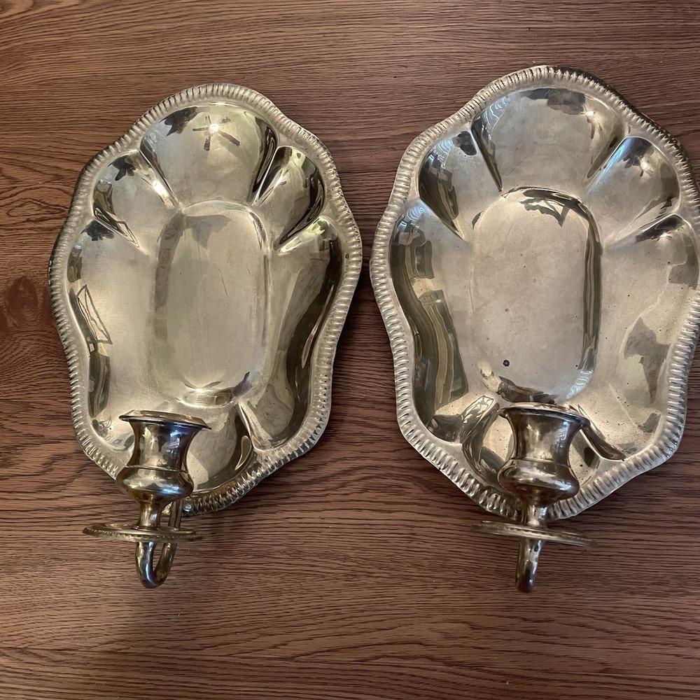 Vintage Pair Brass Wall Sconces Candle Holders Decorative Crafts Inc. Mid/Cent